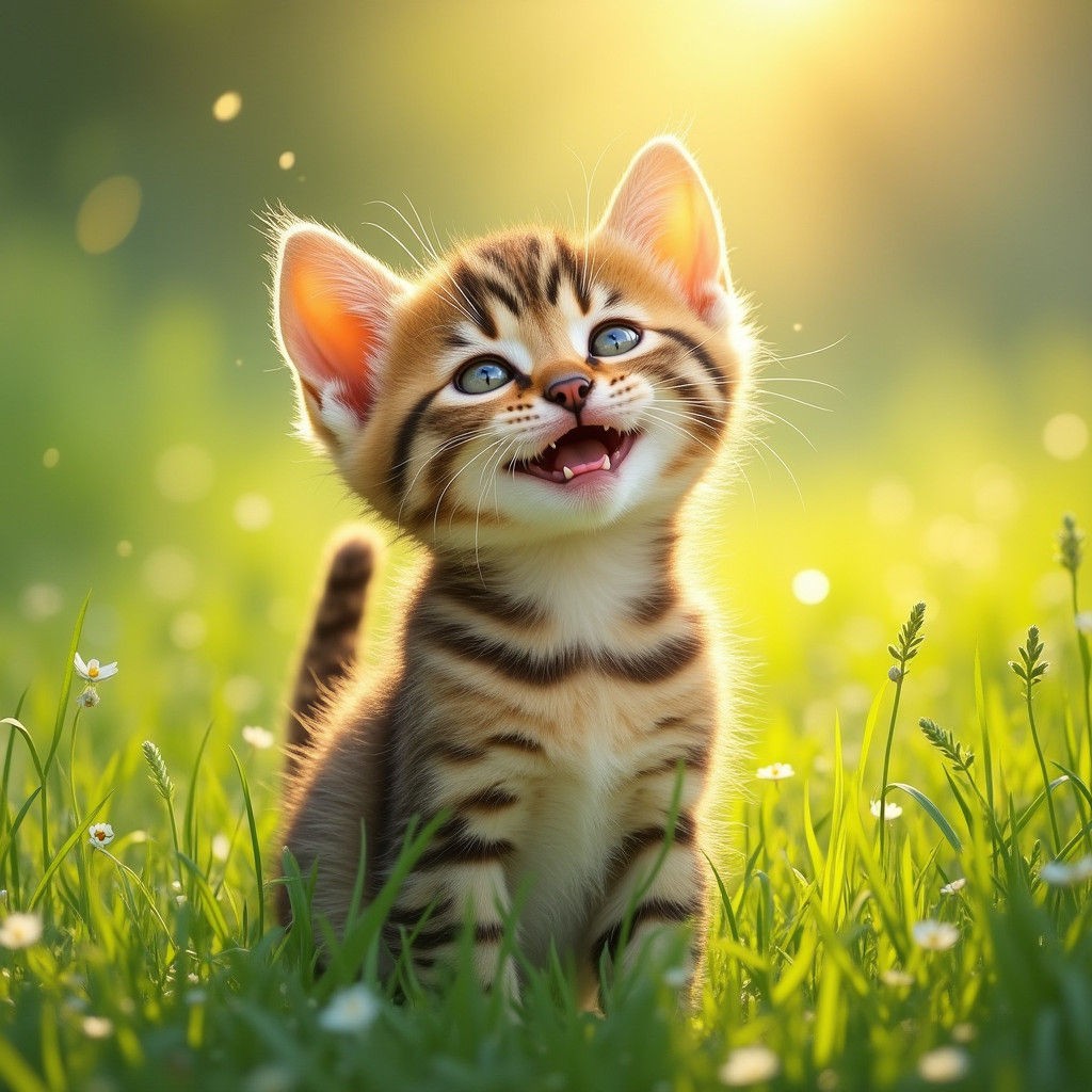 Adorable Tabby Kitten in Sunny Meadow, Watercolor Style