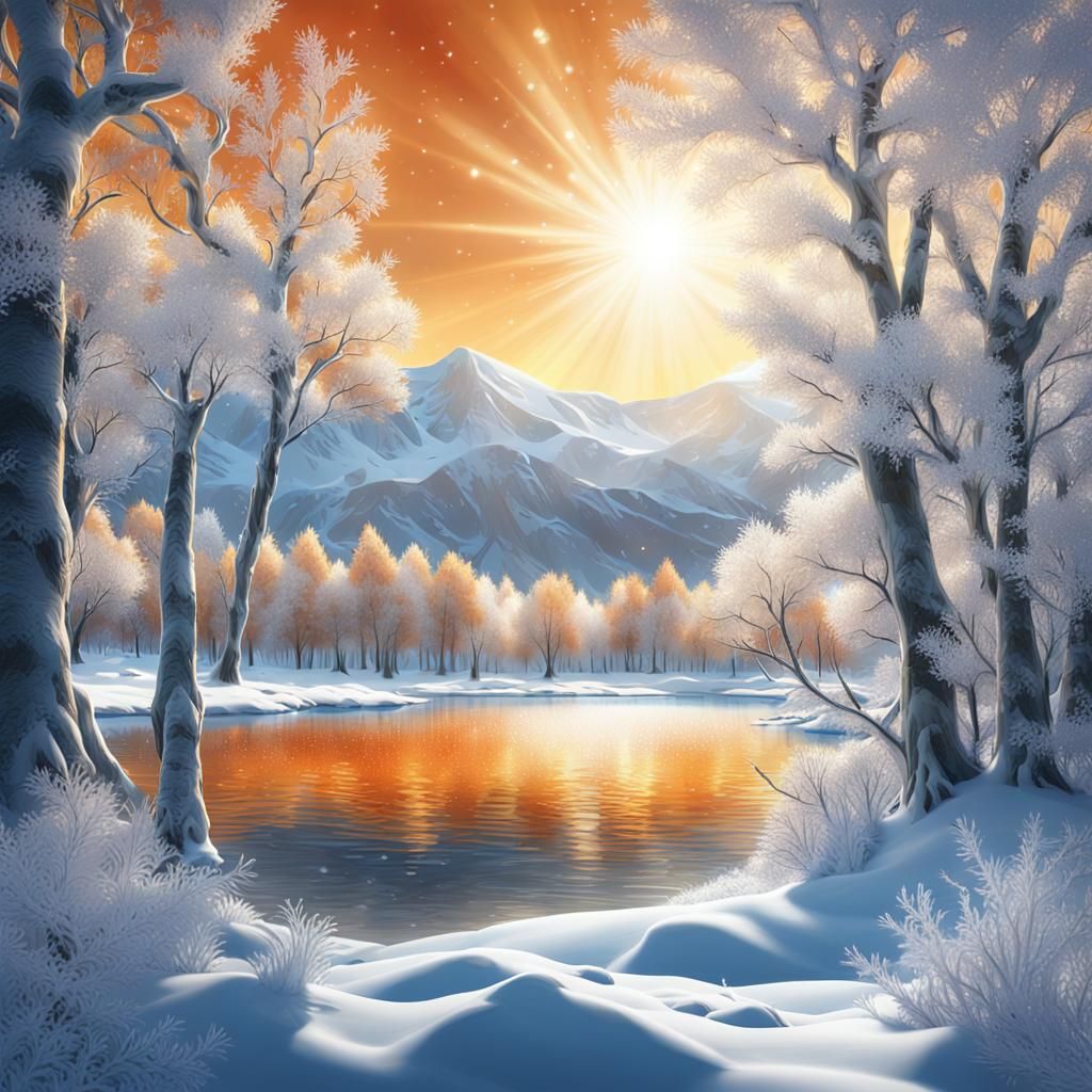Icy Lake and Snow-Covered Trees in Sunlight