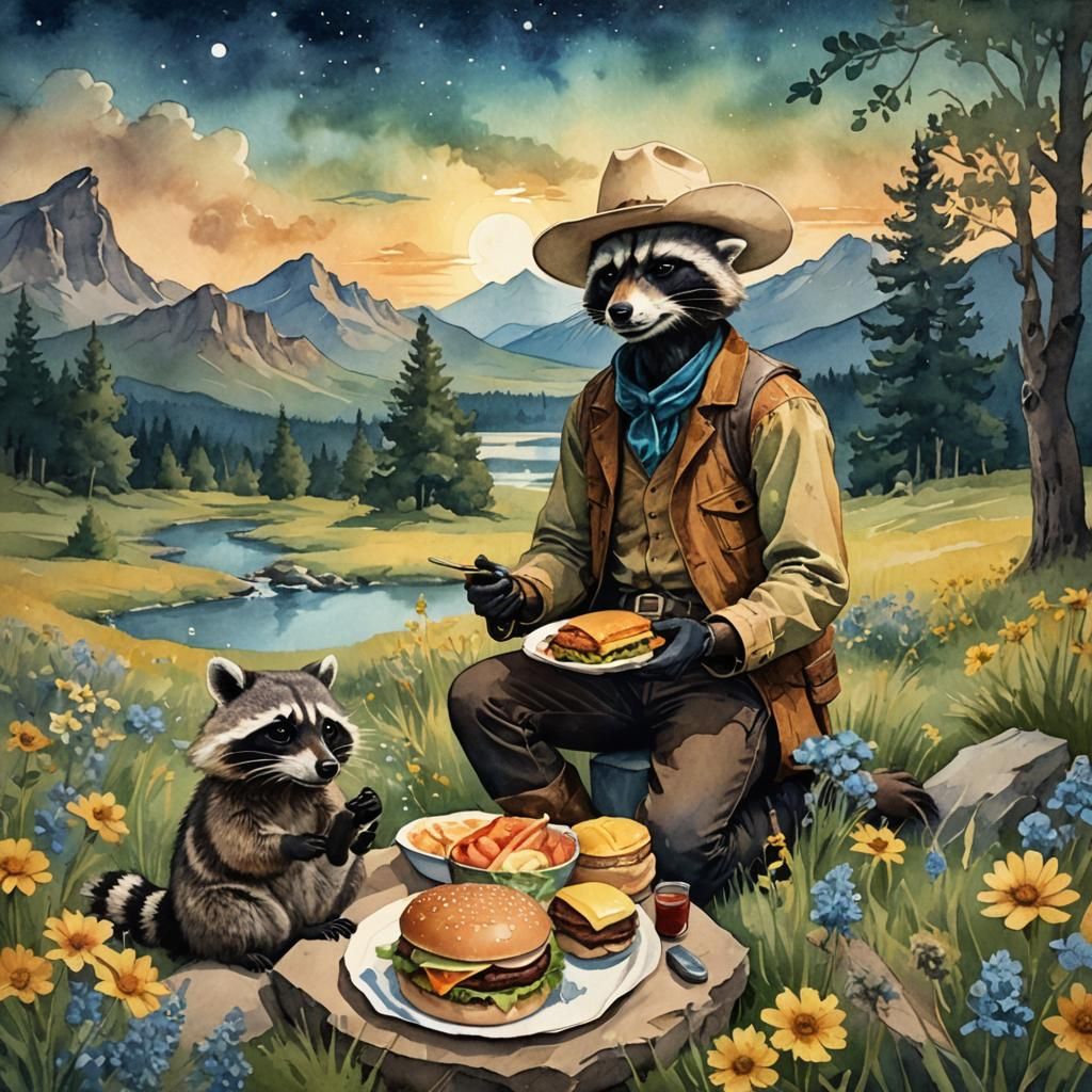 Cowboy and Raccoon in Prehistoric Paradise: Watercolor Art