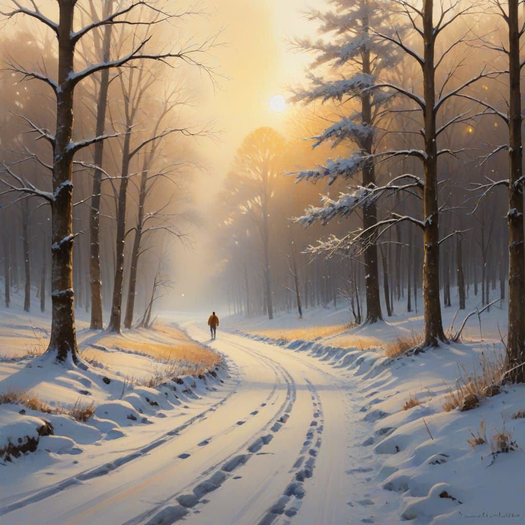 Serene Figure in Snowy Woods Painting