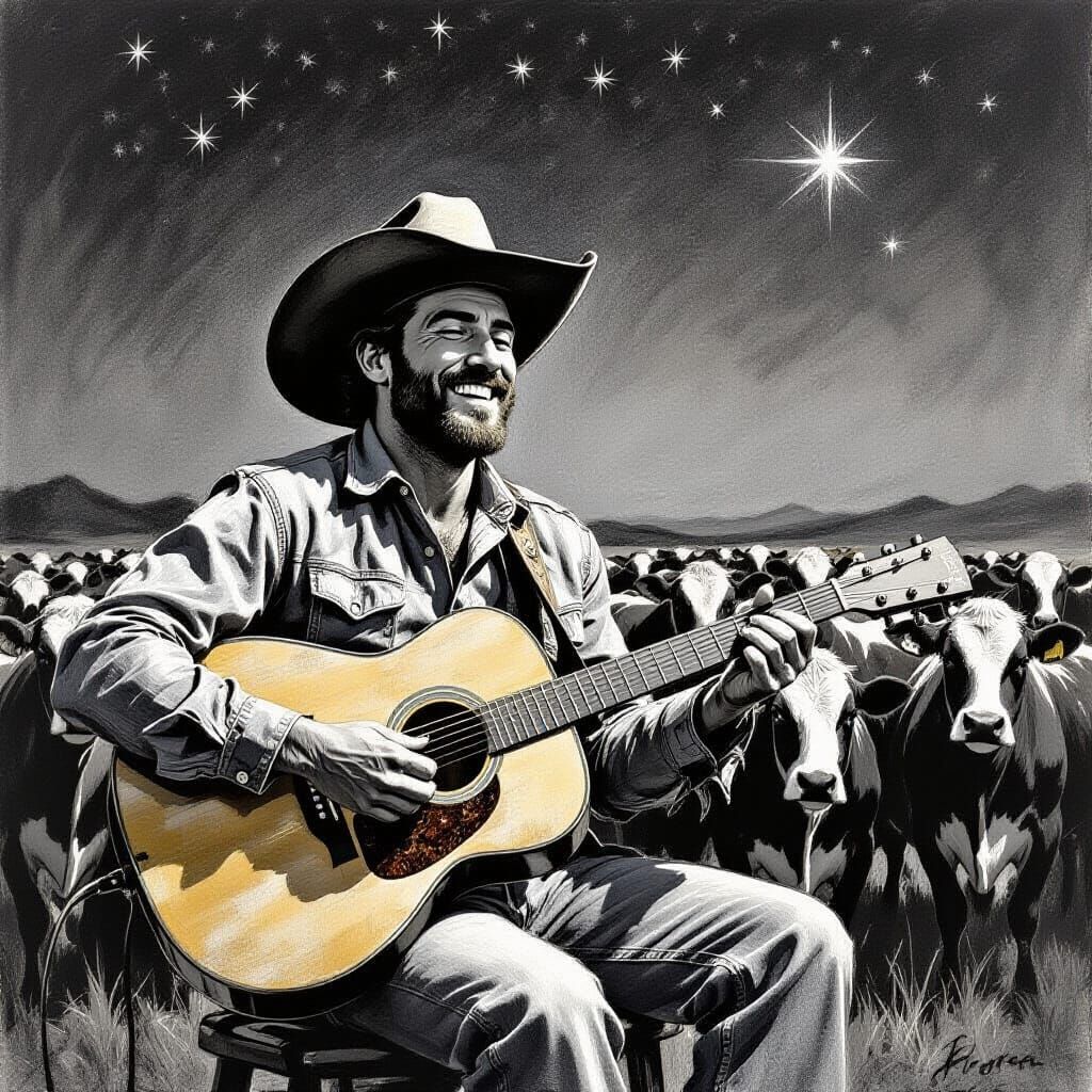 Cowboy Sings to Cows Under Starry Night Sky
