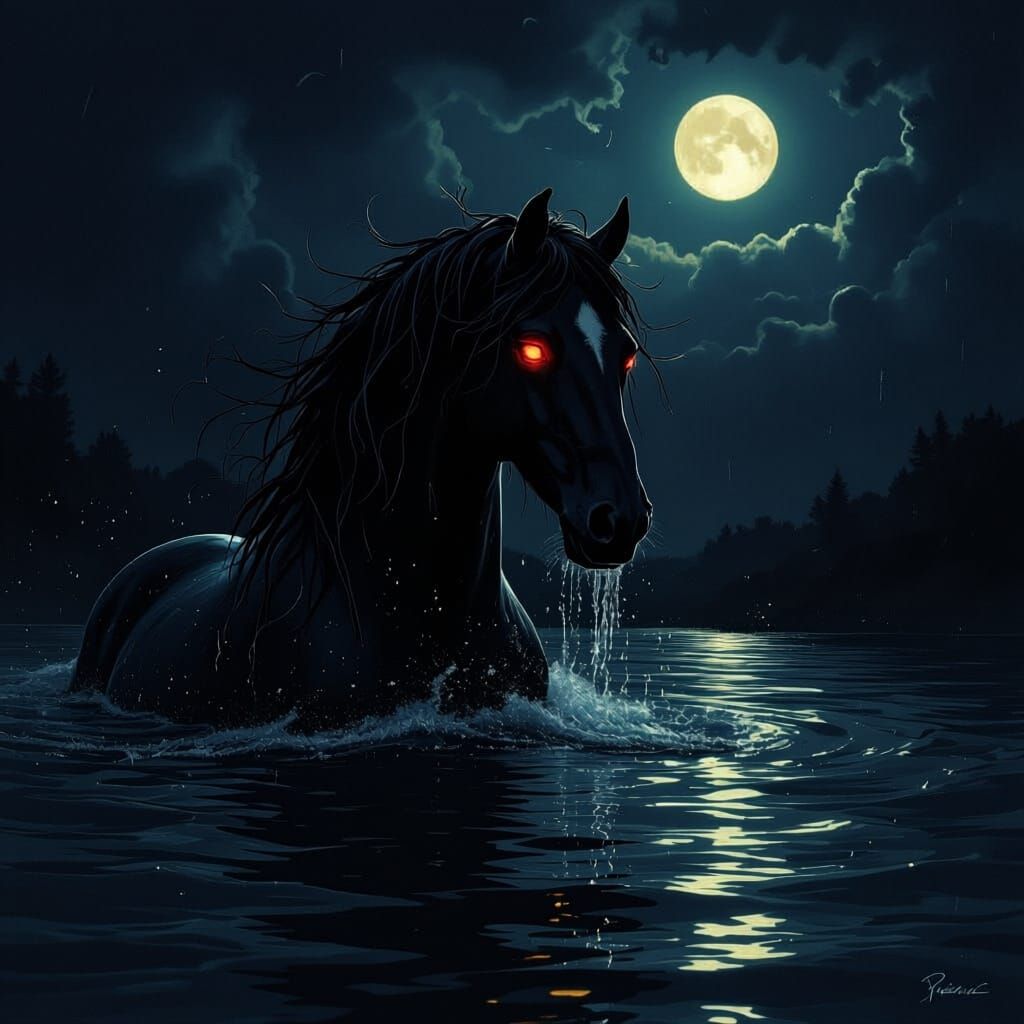 Kelpie Emerges from Dark Lake with Glowing Eyes