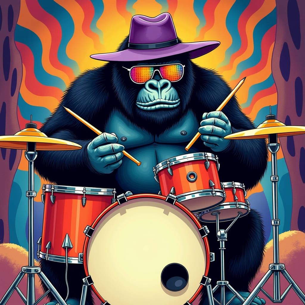 Psychedelic Gorilla Drummer in Comic Book Style