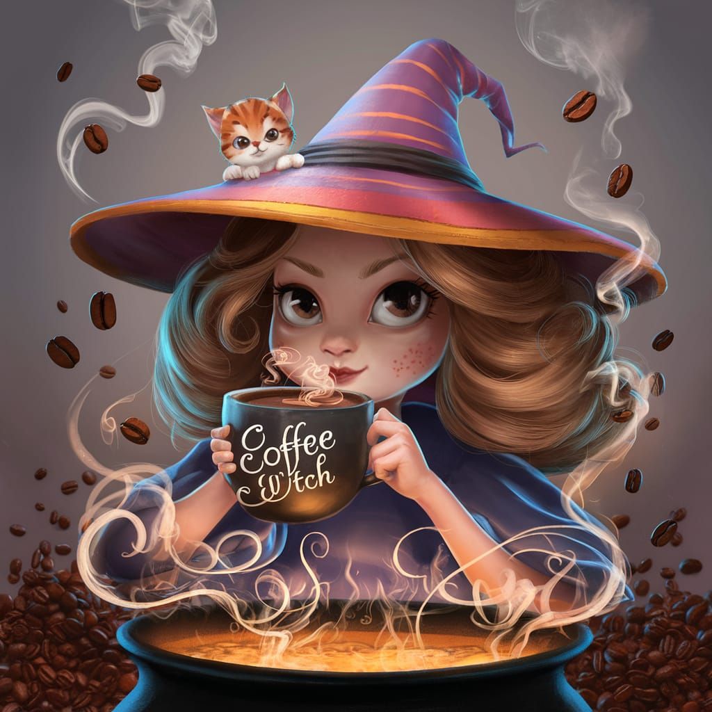 Enchanting Coffee Witch Digital Illustration