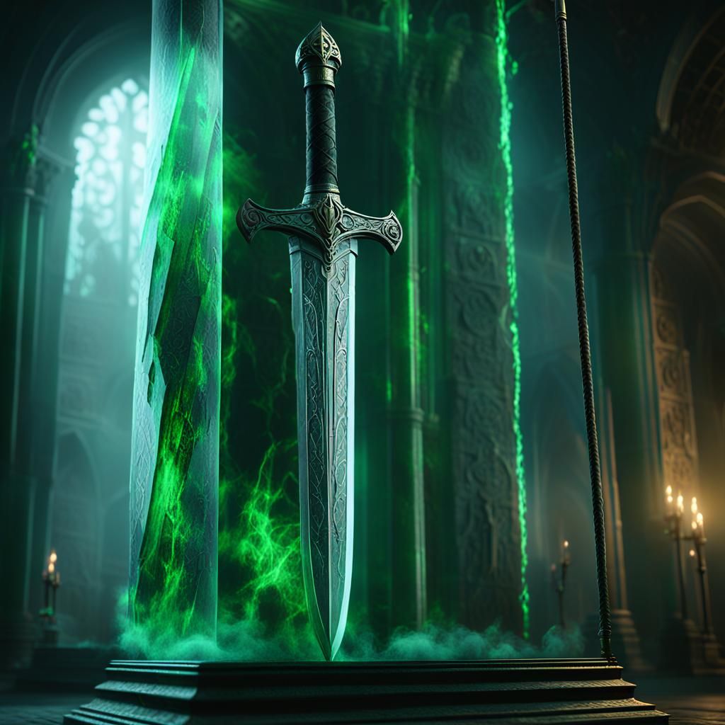 Glowing Green Sword in Glass Case: 3D Render