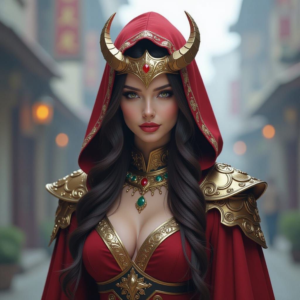 Mysterious Woman with Dragon Mask in Fantasy Style