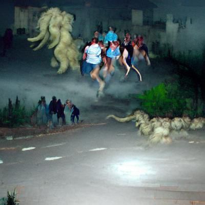 People Fleeing in Terror from Unseen Monster