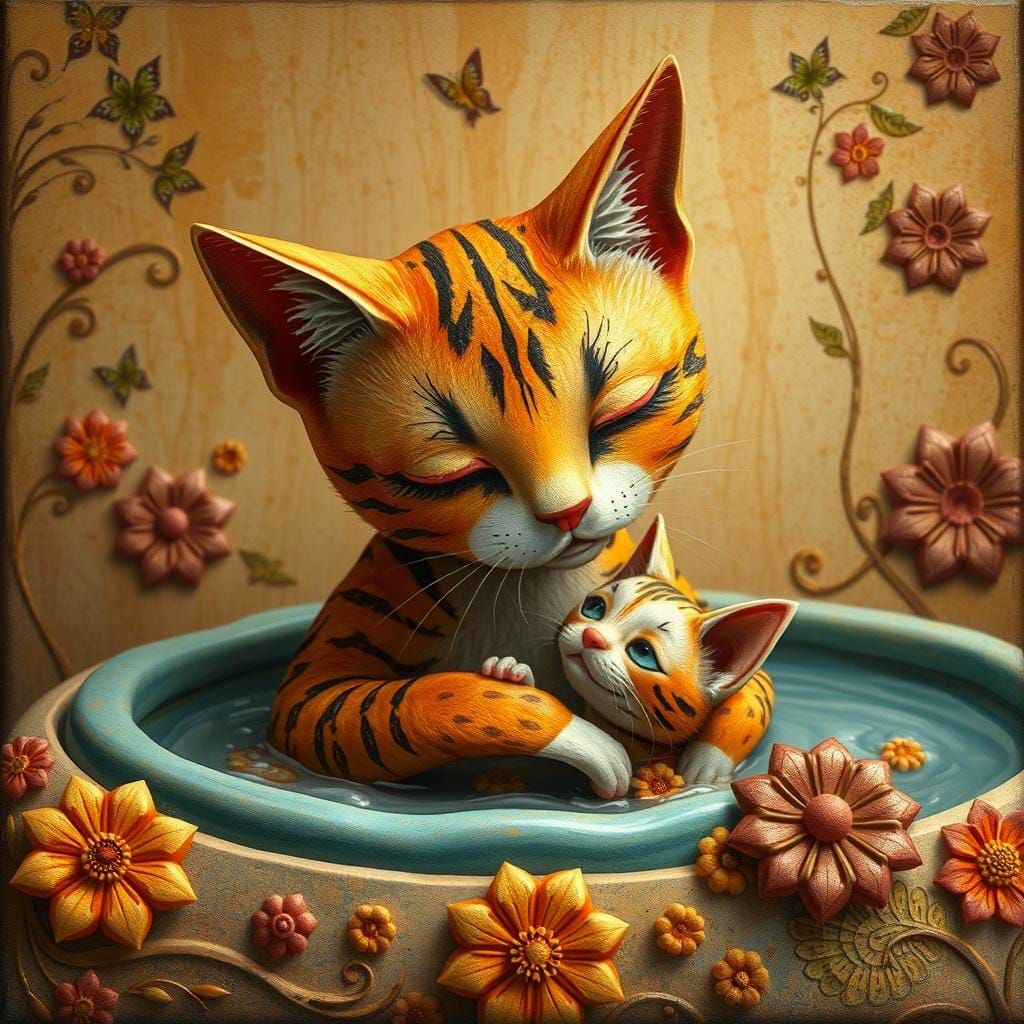 Mama Cat Kitten Bath in Folk Art Style