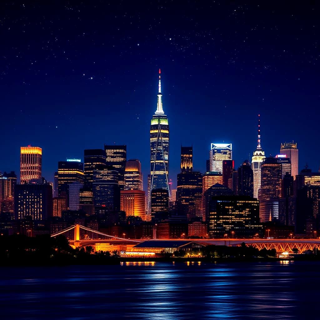 New York City Skyline at Night: Hyperrealistic Panorama