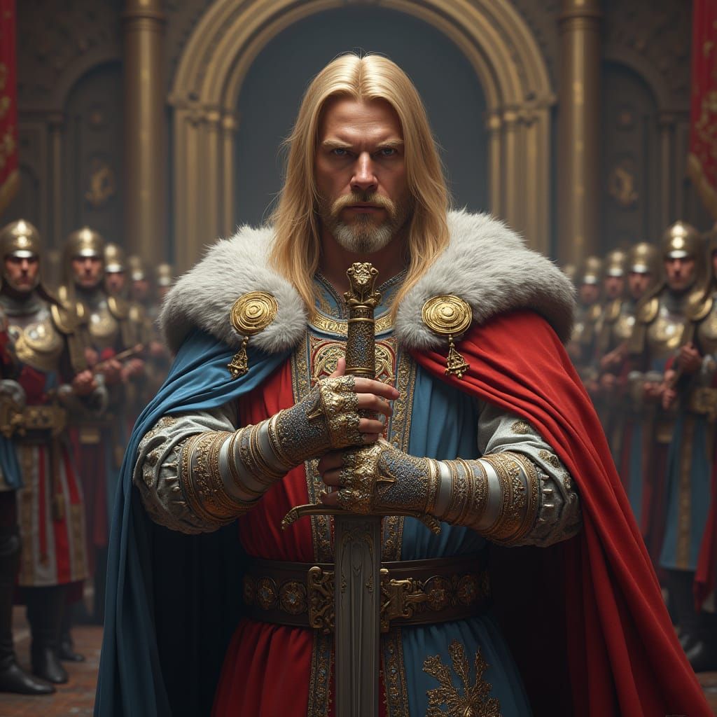 Medieval King in Royal Regalia with Blonde Hair