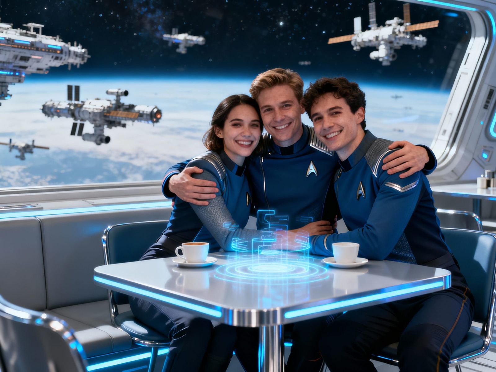 Space Station Cafe Meetup: Friends Hugging