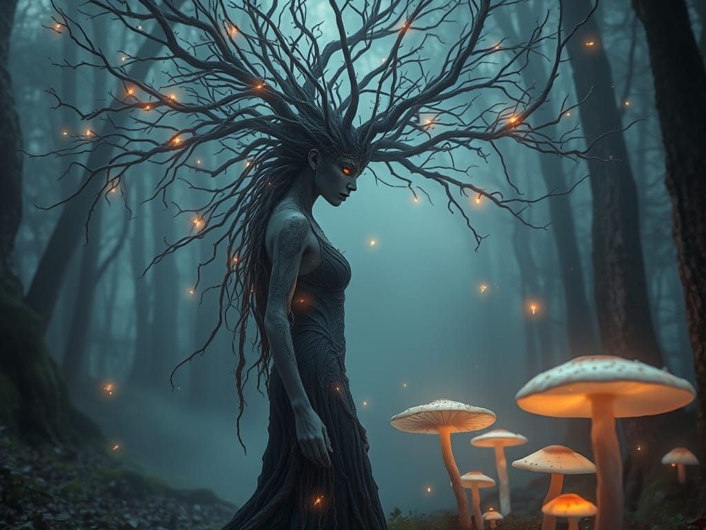 Surreal Forest Goddess in Futuristic Ethereal Style