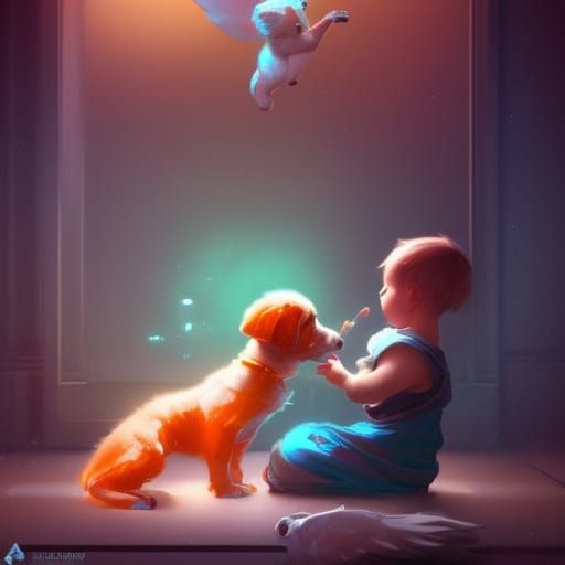 Baby and Puppy: Dynamic Art Nouveau Concept