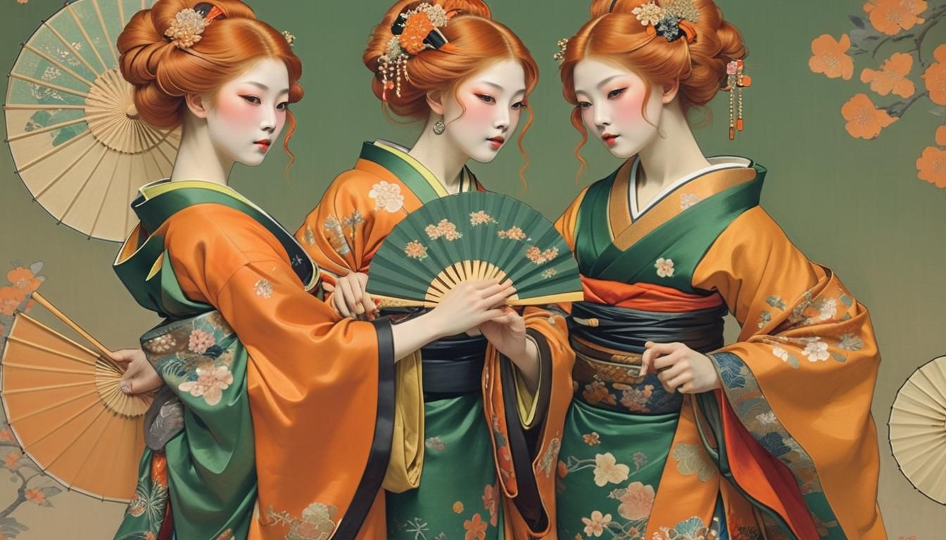 Geishas Performing Traditional Dance in Art Nouveau Style