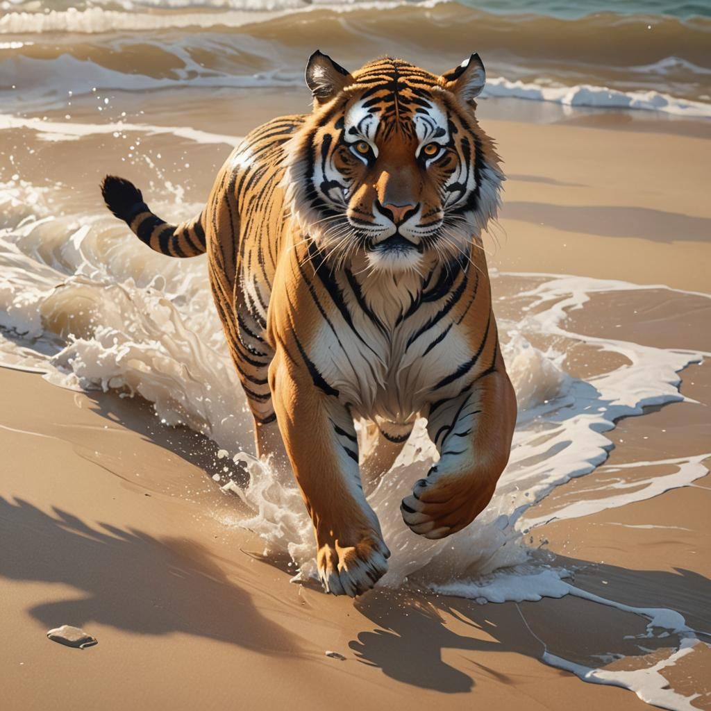 Tiger Running on Beach in 3D Anime Style