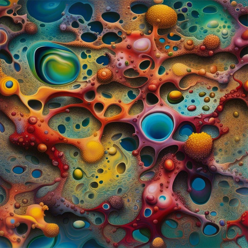 Colorful Amoebas Under Microscope: Surrealist Oil Painting