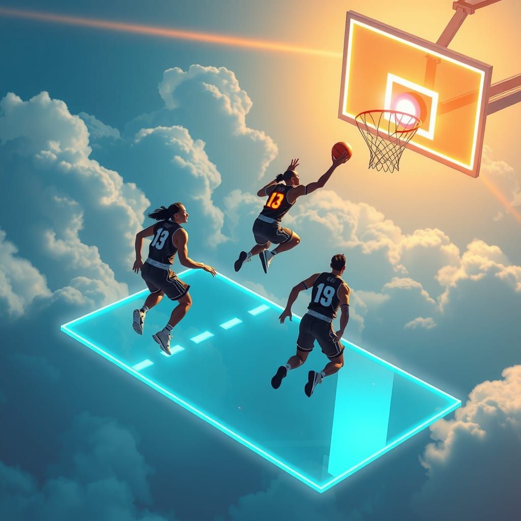 Futuristic Basketball in Zero Gravity, Neon Art