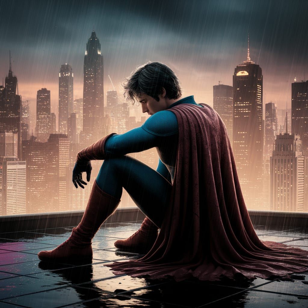 Forgotten Superhero Contemplates Rain-Soaked Metropolis