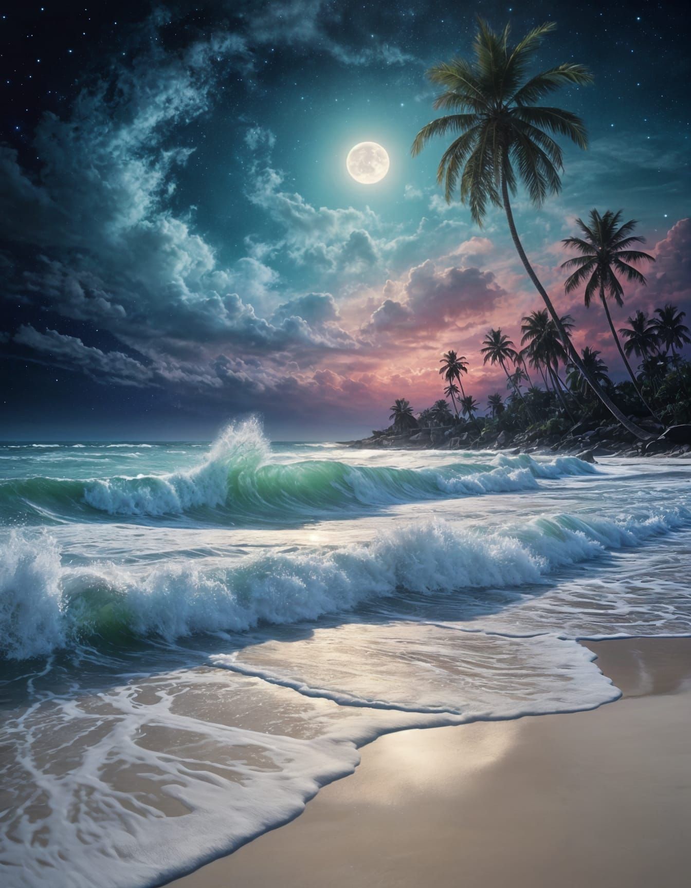 Surrealist Beach at Night: Dreamlike Oil Painting