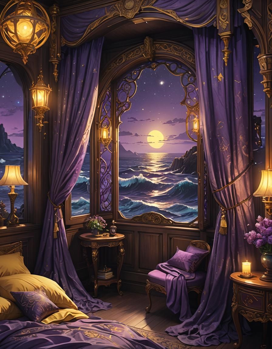 Colorful Dark Fantasy Bedroom with Ocean View