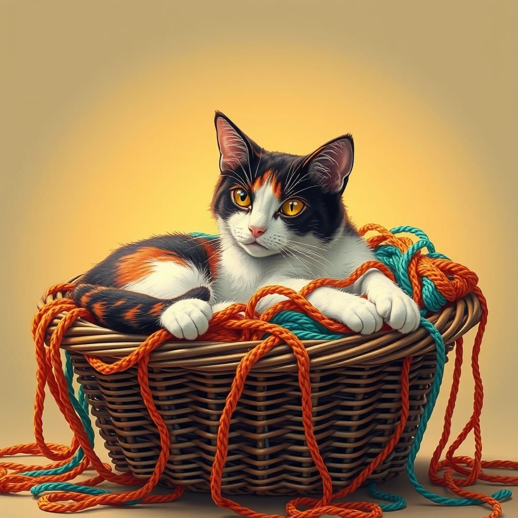 Calico Cat Amidst Vibrant Yarn in Art Nouveau Style