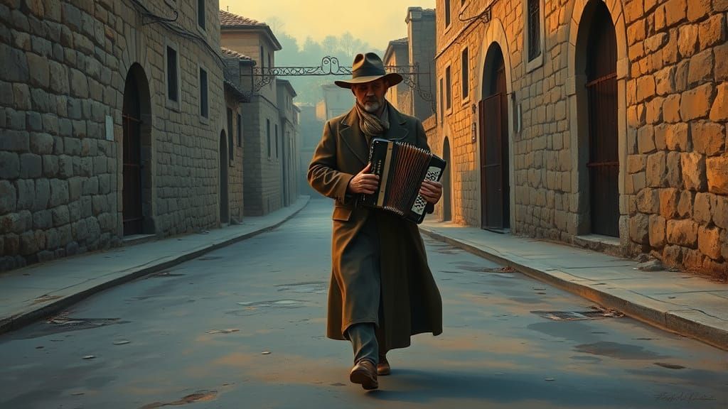 Accordion Player on Deserted Street in Oil Painting Style