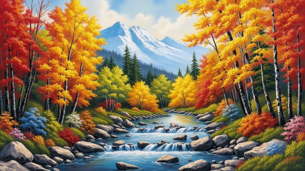 Autumn Mountain Stream in Bob Ross Style