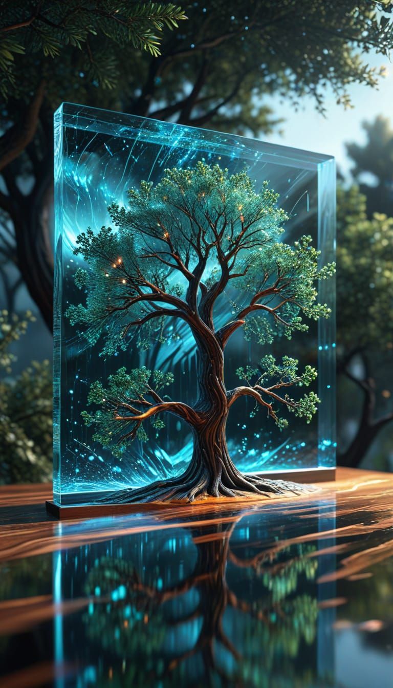 Futuristic Tree Sculpture with Glowing Optical Fibers
