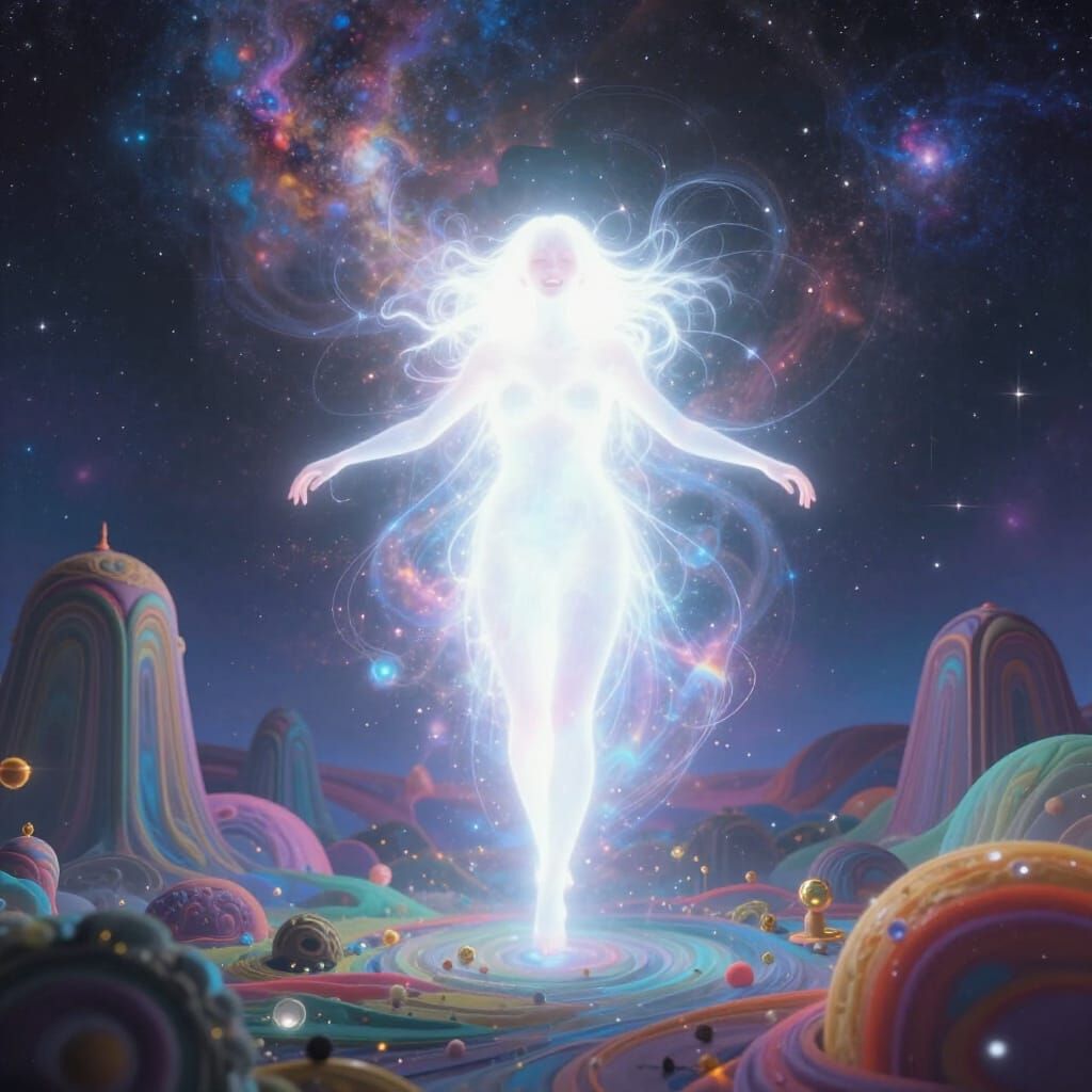 Radiant Cosmic Being Embodies Joy in Surreal Landscape