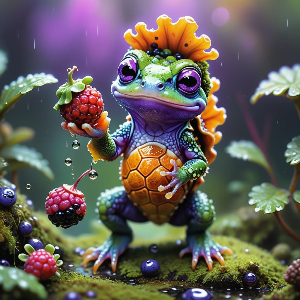 Cute Baby Frog-Tortoise with Berry: Digital Concept Art