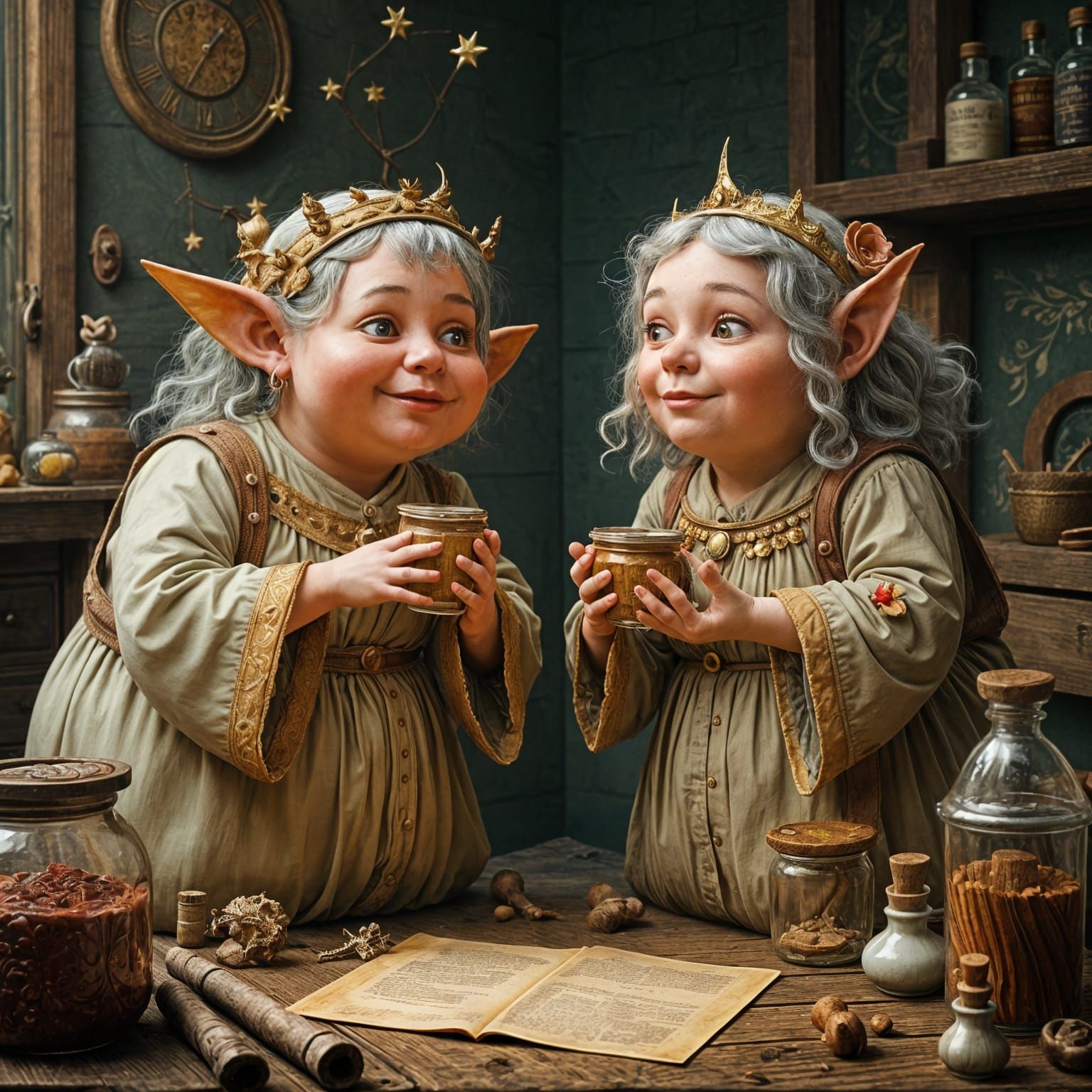 Fairies Brewing Mischief in Folk Art Style