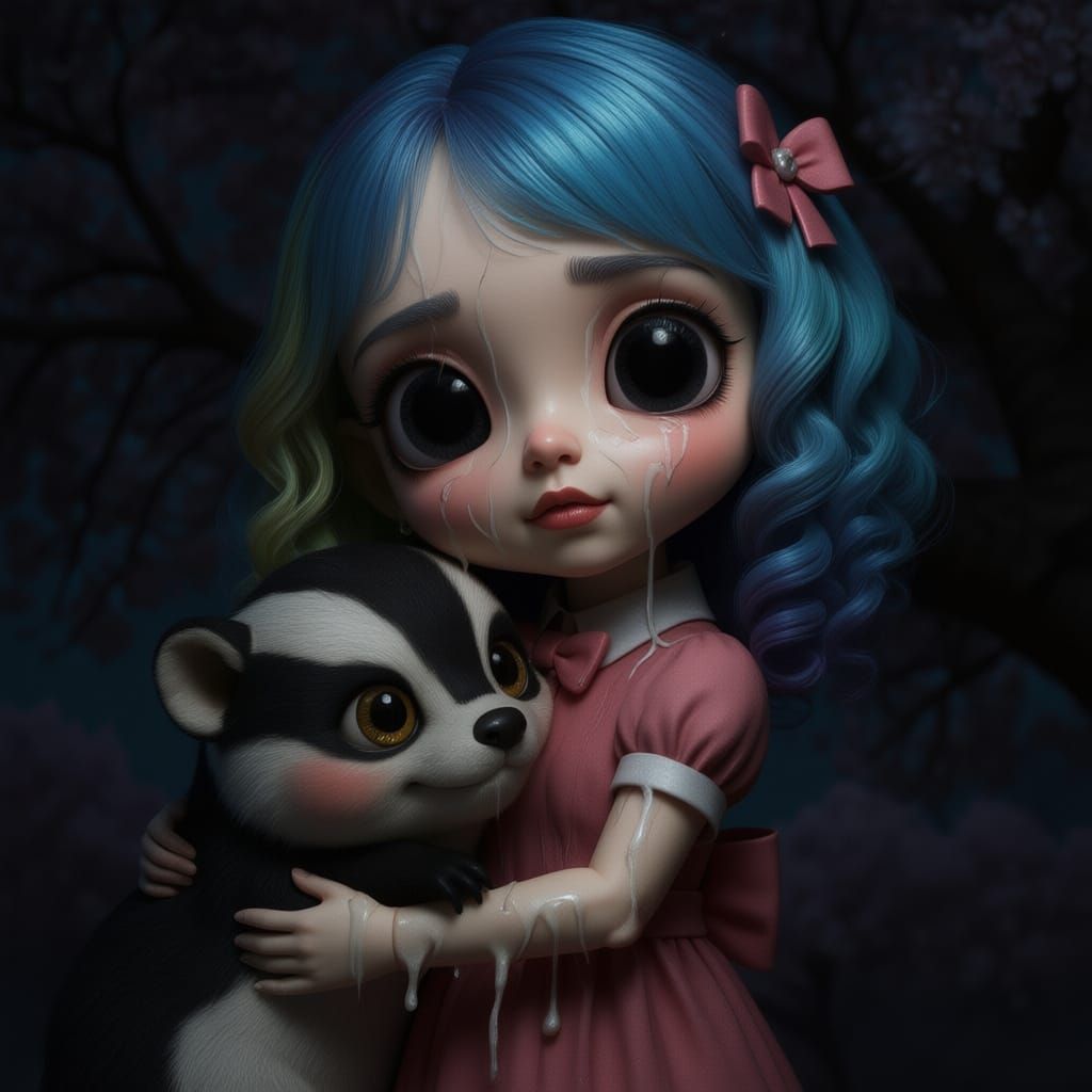 Adorable Doll Hugs Cute Badger Amidst Cherry Blossoms