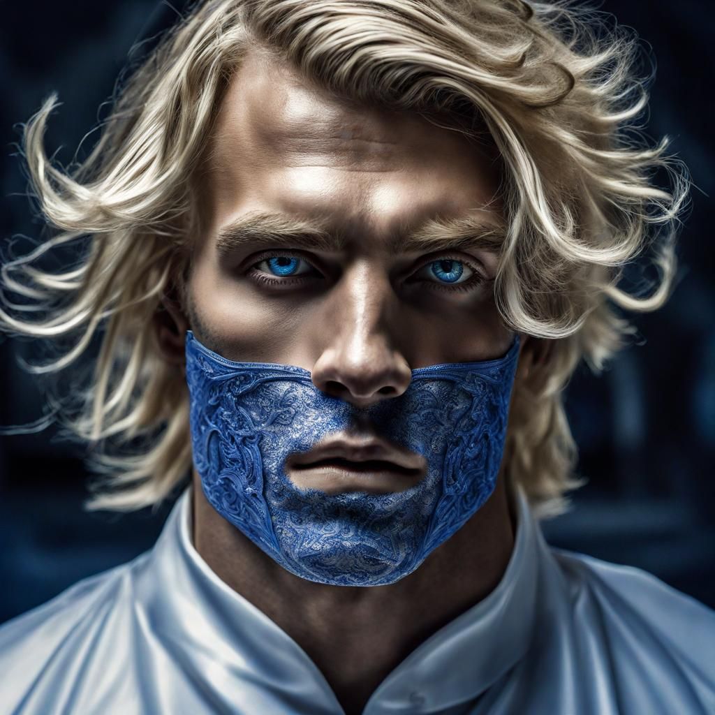 Blond Man in White Mask, Hyperrealistic Image