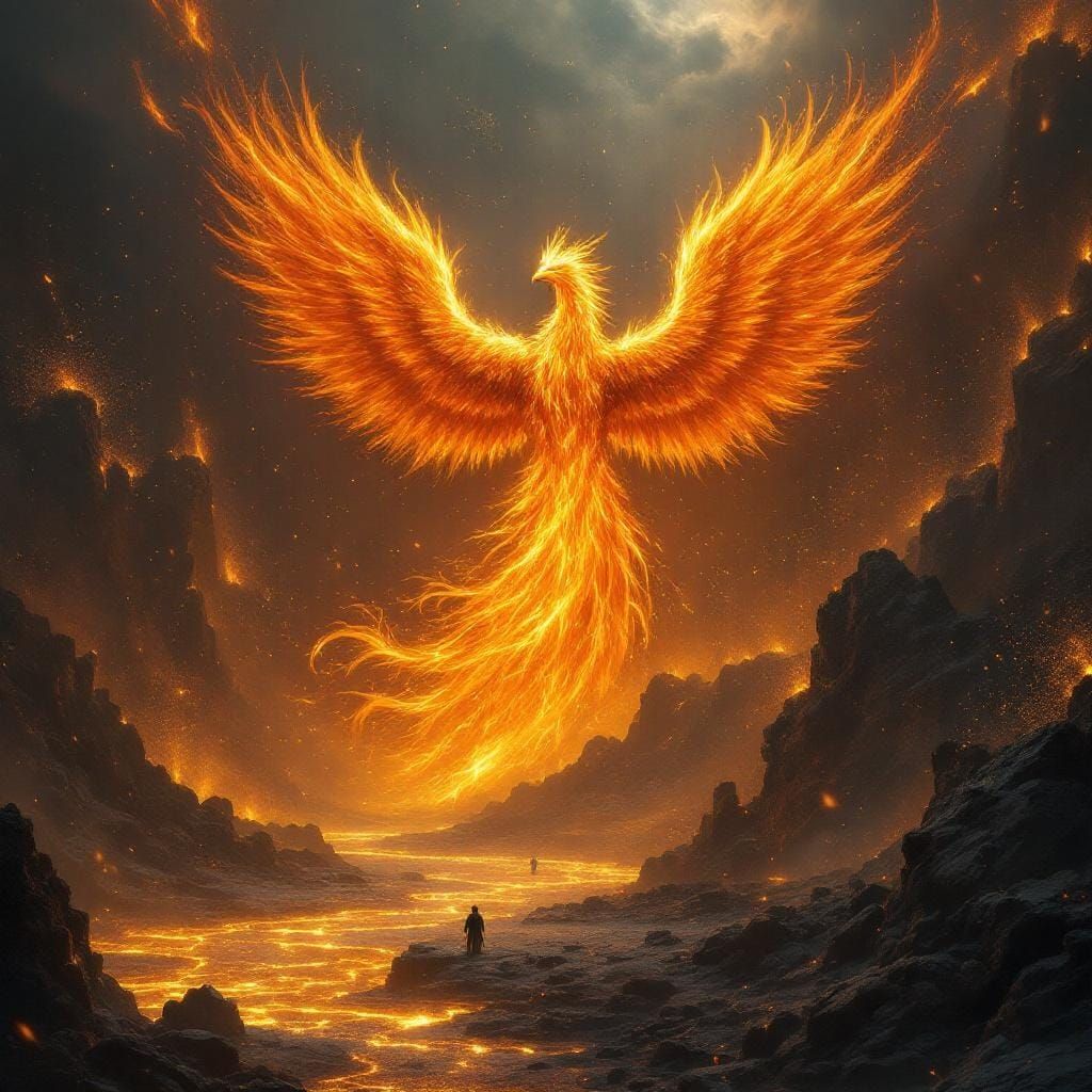 Fiery Phoenix Rising from Lake of Gold