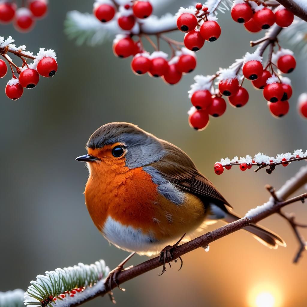 Adorable Red Robin Perched on Berry Twig at Sunrise