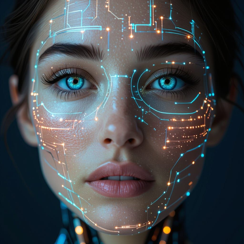 AI Hybrid Human Face with Circuits and Fiber Optics