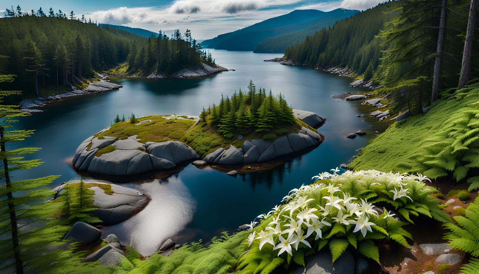 Aerial View of Forested Island in Mountain Lake