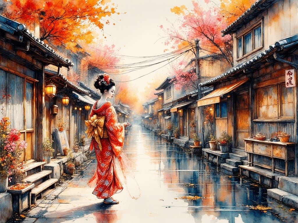 Geisha Walks Through Kyoto at Sunrise in Ink Style