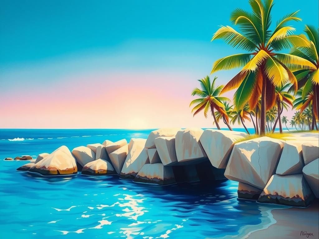 Tropical Beach Scene with Palm Trees as Impasto Painting