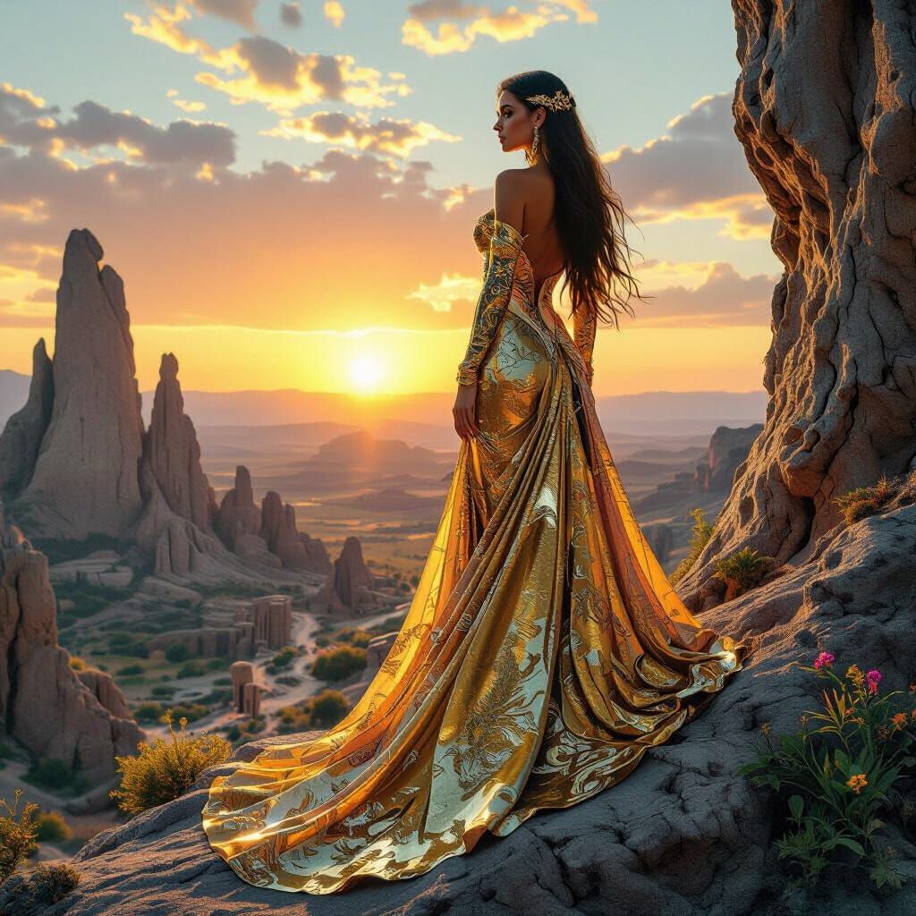 Golden Woman Overlooking Ancient Ruins in Dramatic Lighting