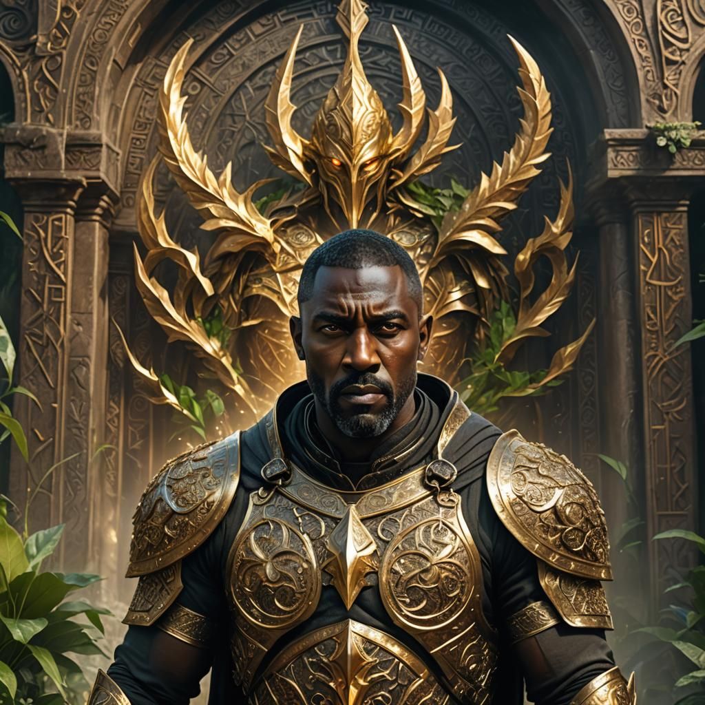 Mystical Lord with Glowing Staff in Fantasy City