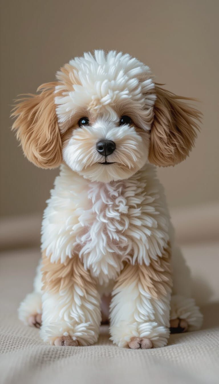 A charming toy poodle sitting upright, made of fluffy, round...
