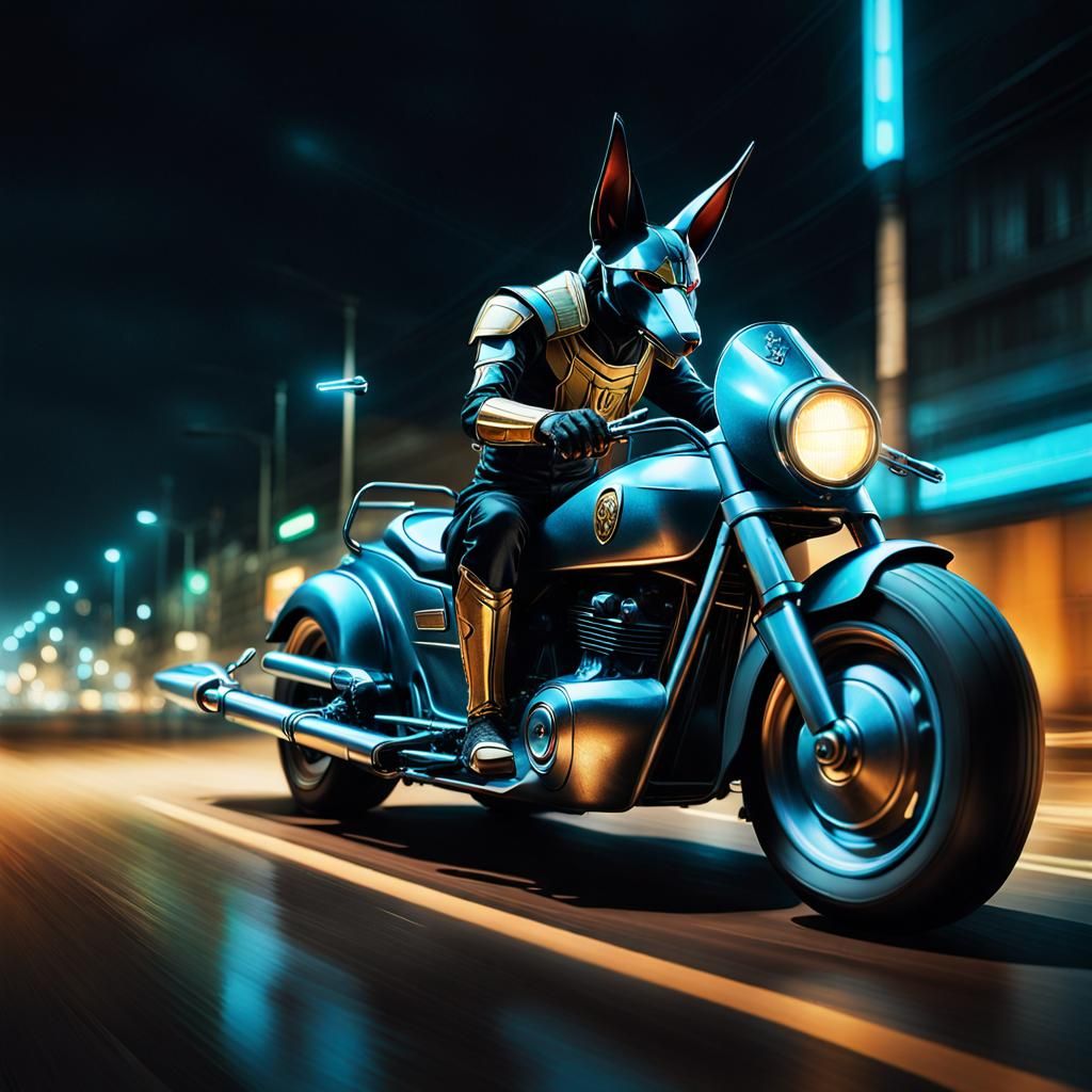 Anubis on Motorcycle in Tron Cyberpunk Style