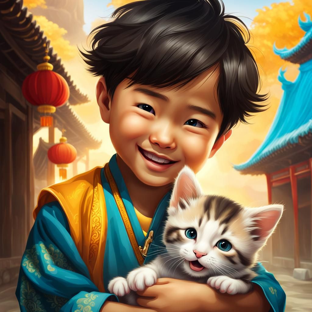 Happy Chinese Boy with Kitten
