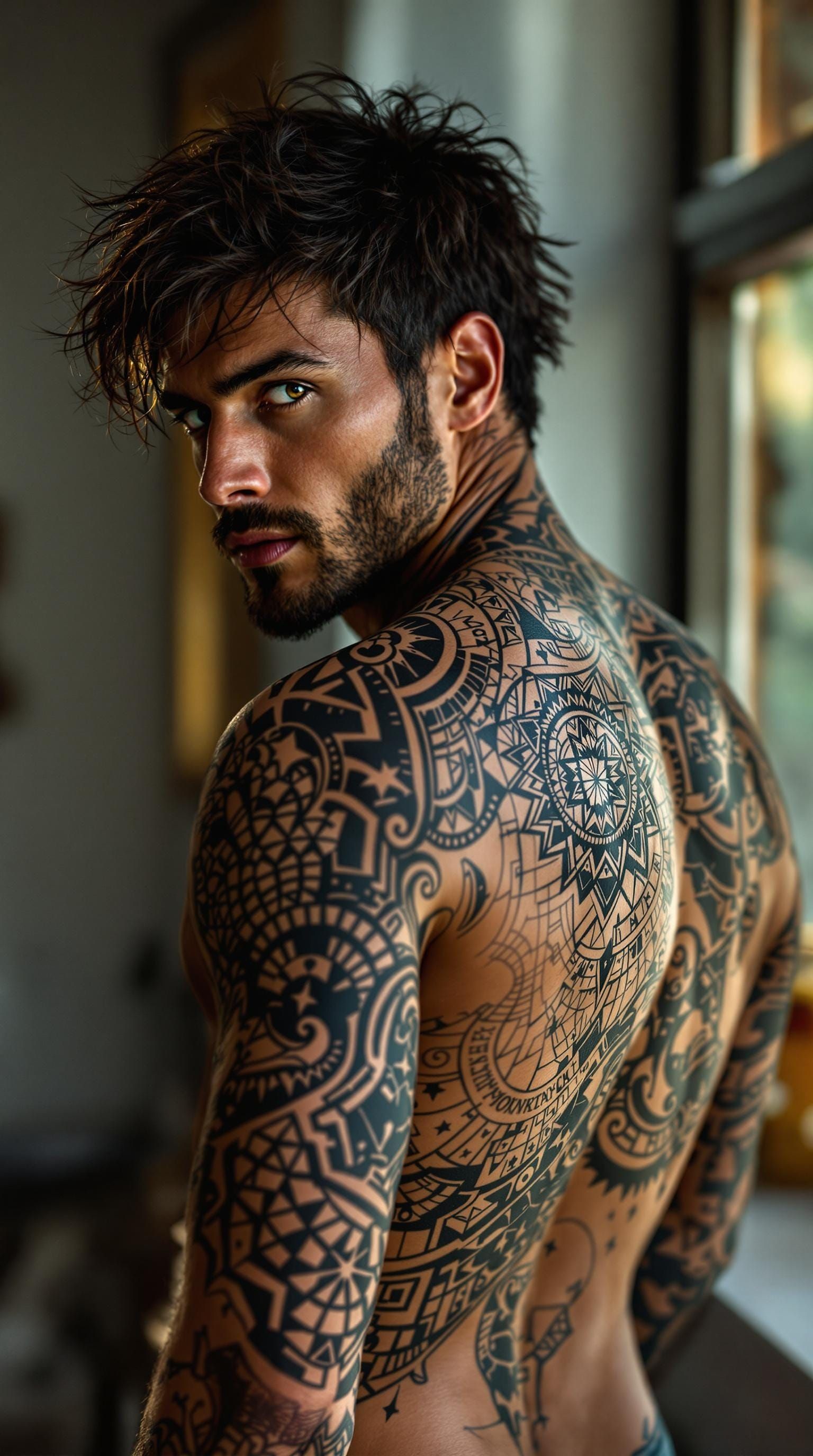 A Man's Resilient Portrait: Intricate Tattoos and Soft Light