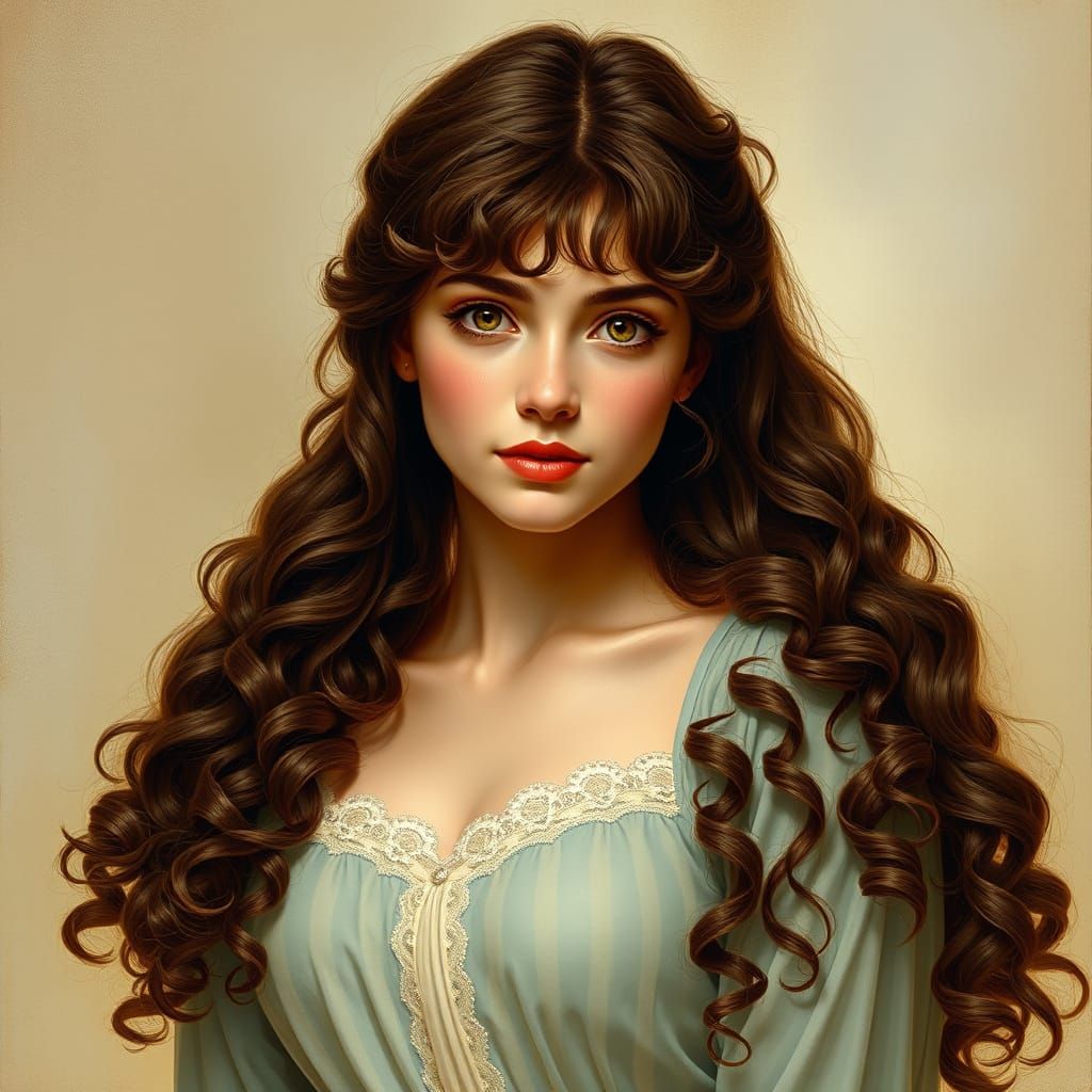 Romantic Fantasy Portrait of a Young Woman with Long Brown H...