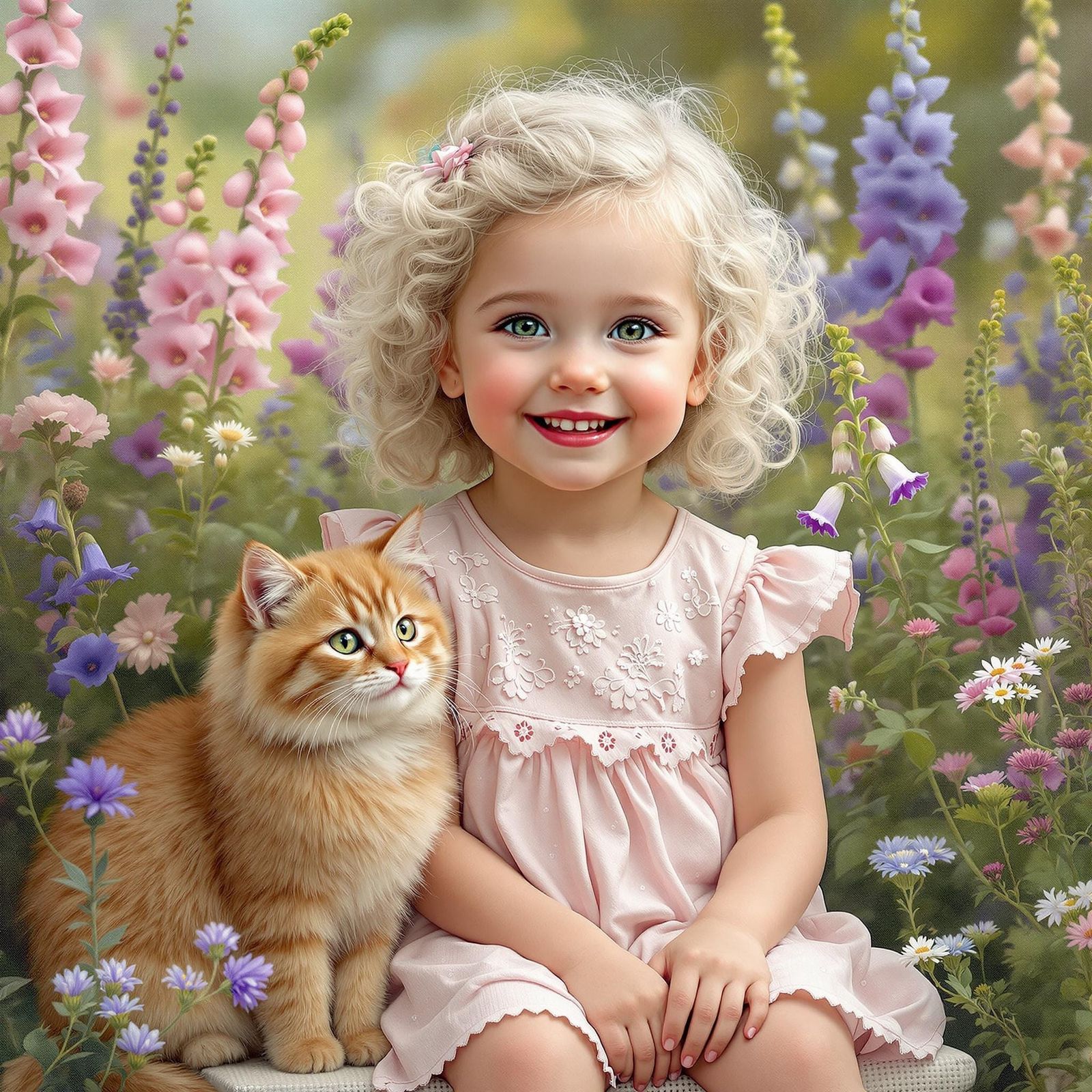 Joyful Girl Surrounded by Whimsical Cottage Garden