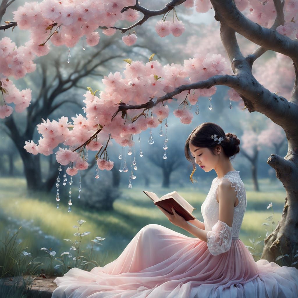 Fantastical Crystal Cherry Scene in Watercolor Style