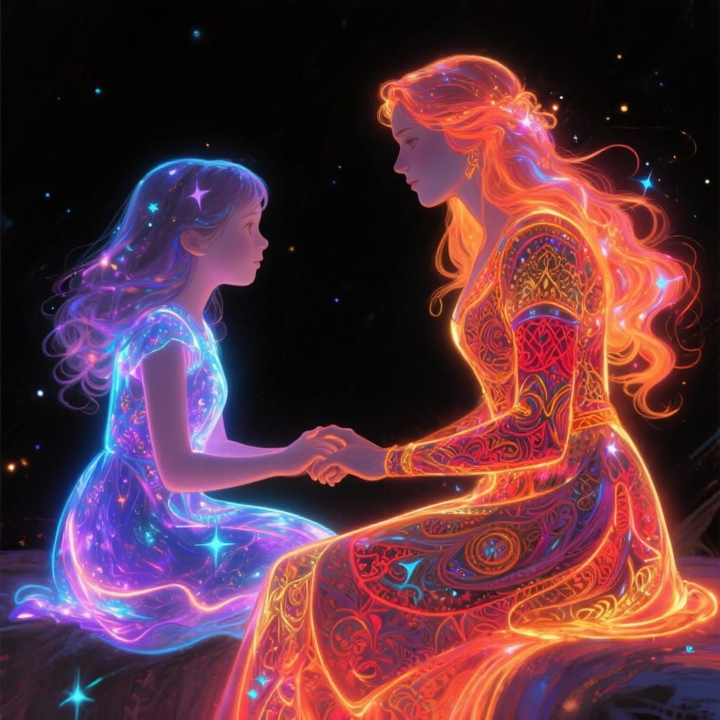 Mother and Daughter in Radiant Neon Fantasy Art