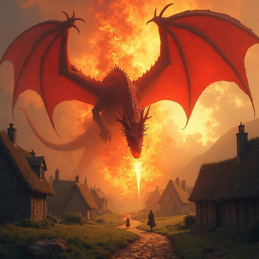 Red Dragon Attacks Medieval Village in Epic Fantasy Art